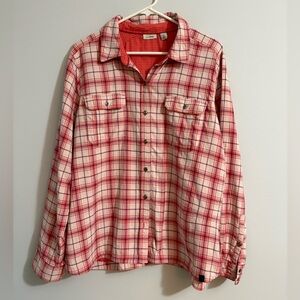 LL Bean Womens Button Down Plaid Shirt Lined Pink Coral XL Tabbed Sleeve Nylon